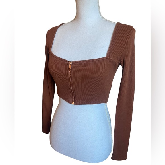 PACSUN L.A. Hearts Brown Square Neck Long Sleeve Ribbed Zip Up Crop Top Small - Picture 1 of 12